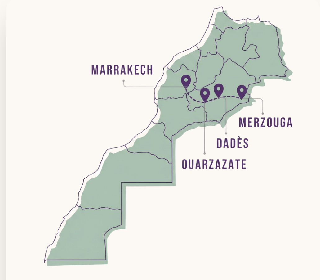 Map of Morocco showing the learning route from Marrakech to Merzouga